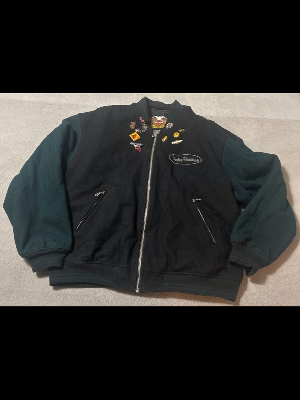 Harley-Davidson Black/Green Full-zip Wool Blend Bomber Jacket w/Pins - Size XXL